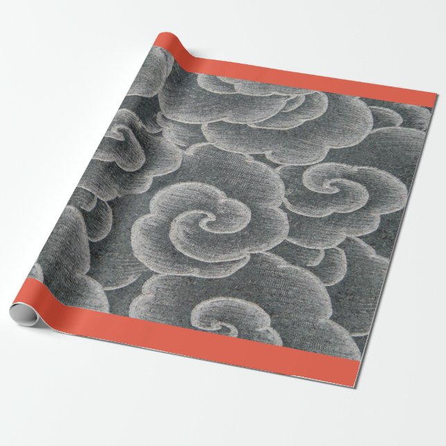 Papier Cadeau Papier à envelopper NUAGES JAPONAIS GRAY AVEC ORAN (Déroulé)