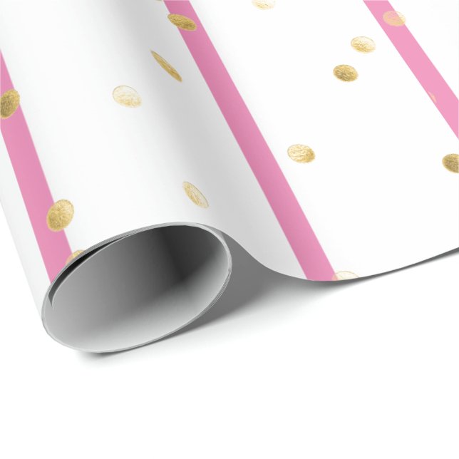 Papier Cadeau Papier à envelopper - Pois d'or à bandes roses (Coin rond)