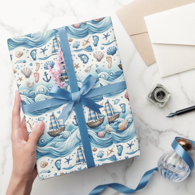 Papier Cadeau Papier à envelopper pour bébé à thème marin (Cadeaux)