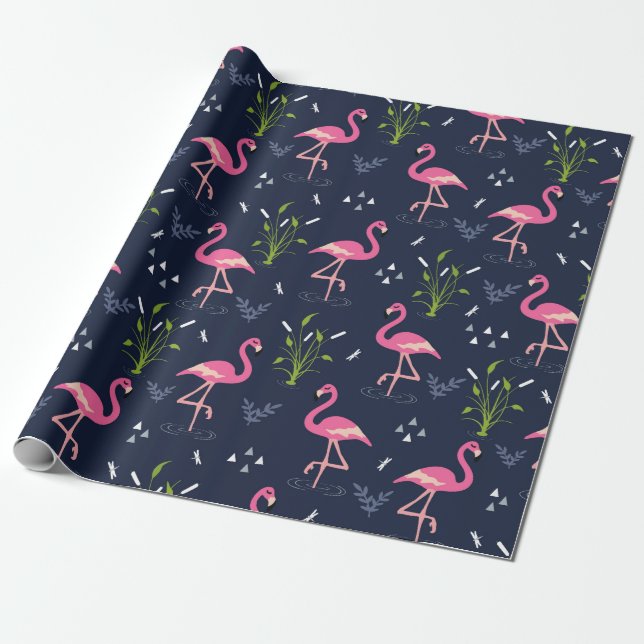 Papier Cadeau Papier à Flamant rose - Flamants roses roses sur N (Déroulé)