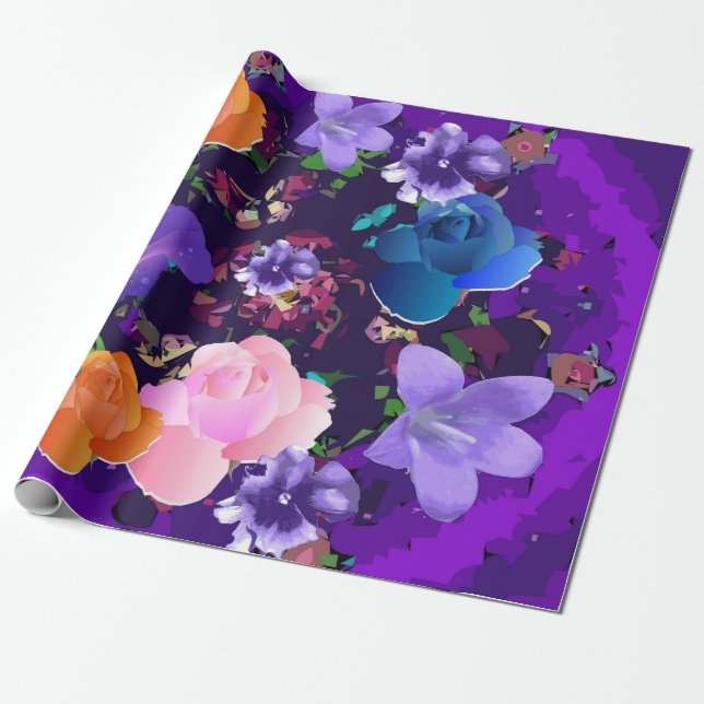 Papier Cadeau Papier Abstrait à enveloppement floral violet vibr (Déroulé)