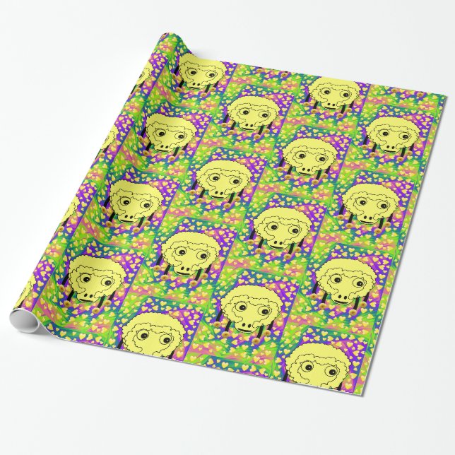 Papier Cadeau Papier brillant à envelopper, Coeurs Jaunes Mouton (Déroulé)