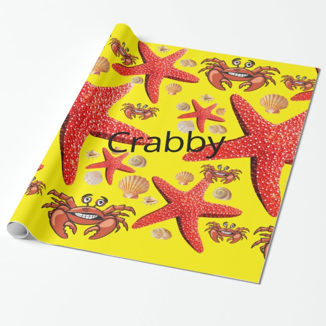 Papier Cadeau Papier brillant à envelopper, Crabes Starfish roug (Déroulé)