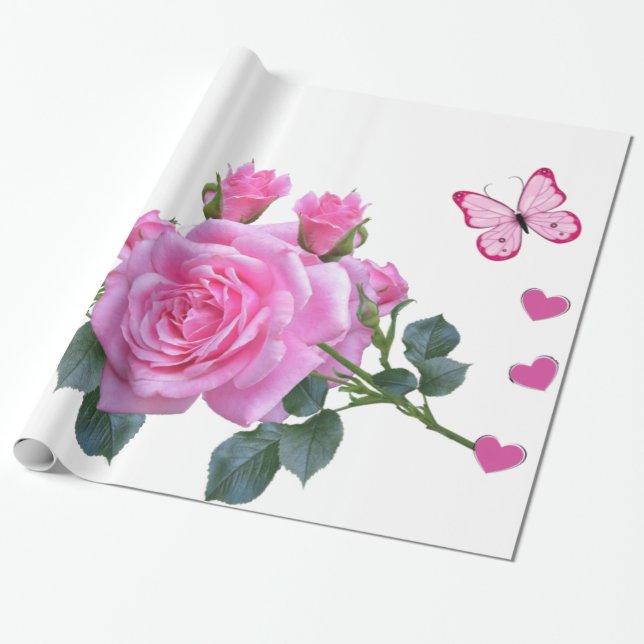 Papier Cadeau Papier brillant à envelopper, Papillon floral rose (Déroulé)