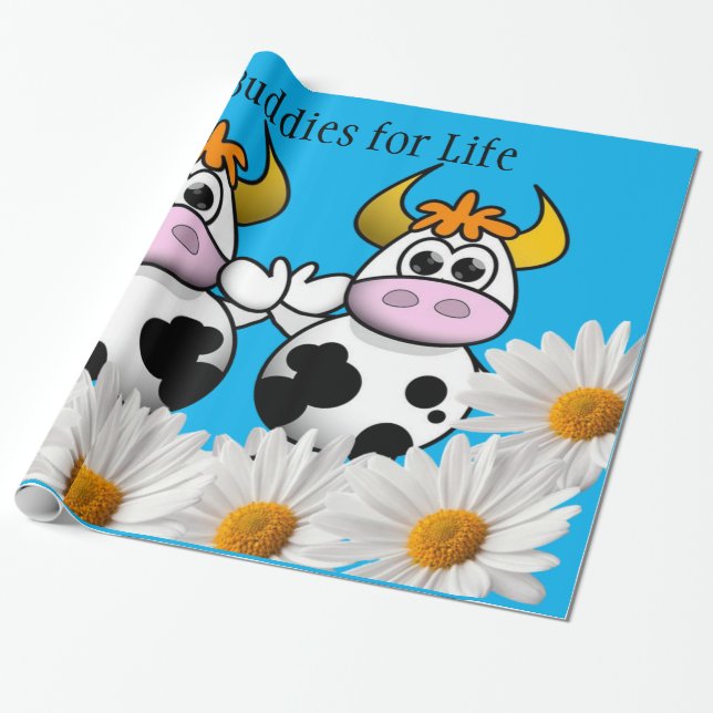 Papier Cadeau Papier brillant à envelopper, Vache Floral Blanc B (Déroulé)