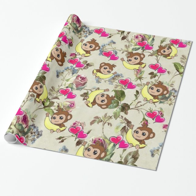 Papier Cadeau Papier brillant, Bananes Singes Floral (Déroulé)