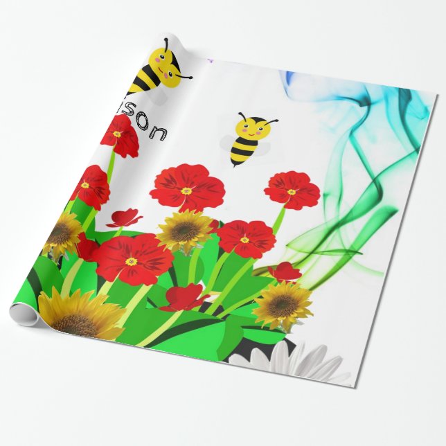 Papier Cadeau Papier brillant, Bumblebee Floral (Déroulé)