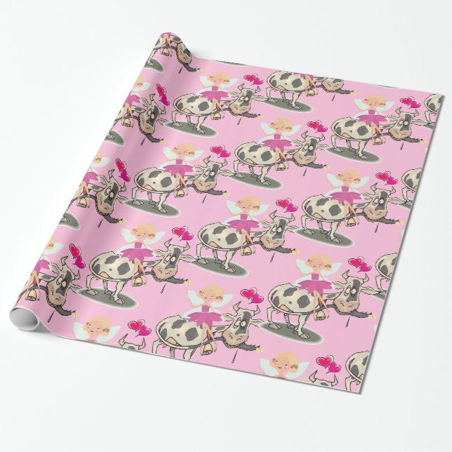Papier Cadeau Papier brillant, Coeur de vaches de fées roses (Déroulé)