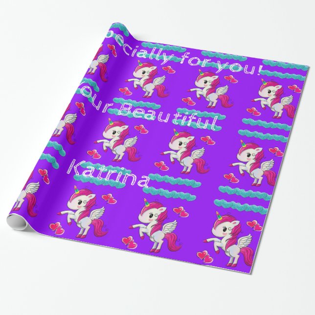 Papier Cadeau Papier brillant, Coeurs Bleus Unicorne Purple (Déroulé)