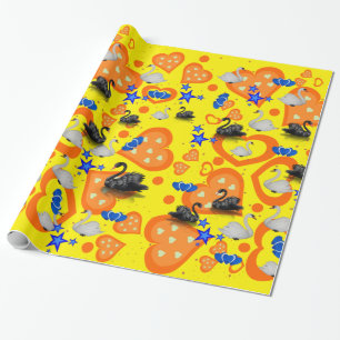 Papier Cadeau Papier brillant, Coeurs orange cygne Jaune