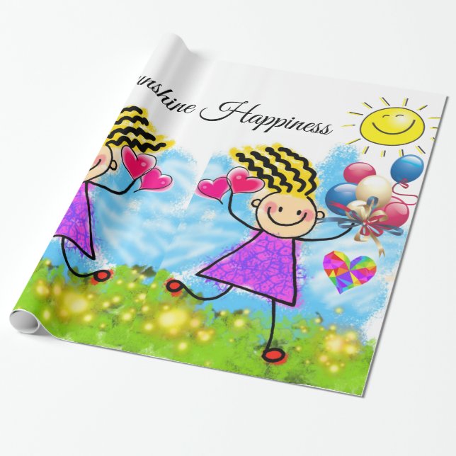 Papier Cadeau Papier brillant, Fille Soleil Ballons Floral (Déroulé)