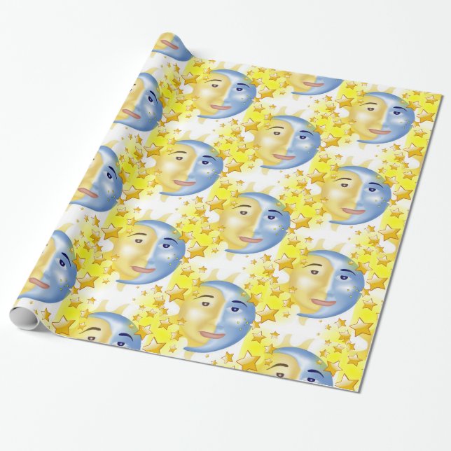 Papier Cadeau Papier brillant, Lune Soleil Étoiles Jaunes (Déroulé)
