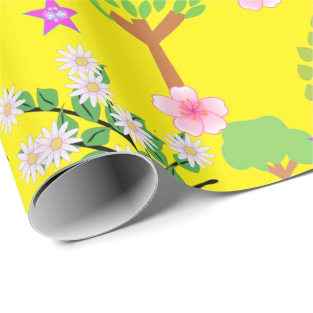 Papier Cadeau Papier brillant, Moutons Floral Jaune (Coin rond)