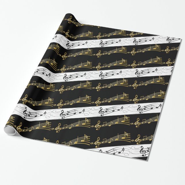 Papier Cadeau Papier brillant, notes de musique noir et blanc (Déroulé)