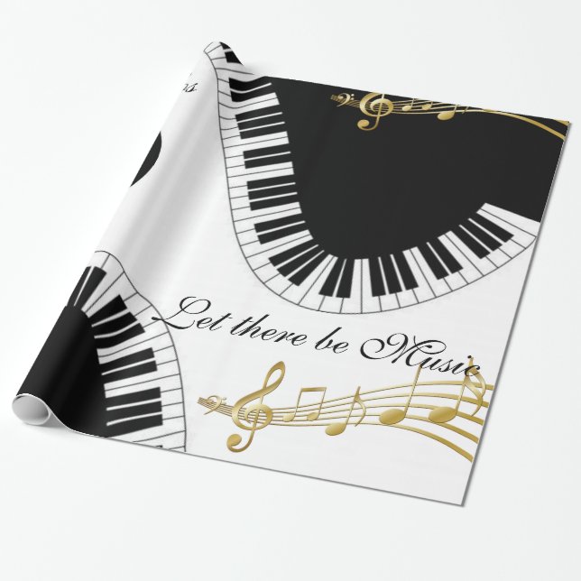 Papier Cadeau Papier brillant, notes de musique noir et blanc (Déroulé)
