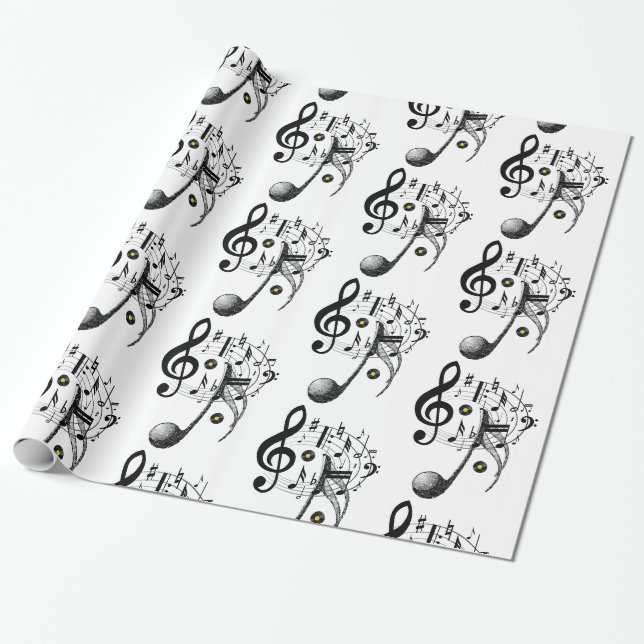 Papier Cadeau Papier brillant, notes de musique noir et blanc (Déroulé)