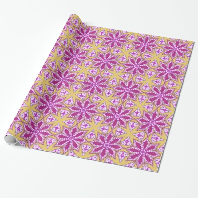 Papier Cadeau Papier-cadeau motif rose fuchsia étoiles florales (Déroulé)