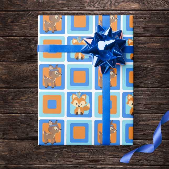 Papier Cadeau Papier d'écrêtage de forêt sauvage bleue (Adorable Woodland Animal Wrapping Paper in of Blue, Orange and Brown. Features a Fox and Deer)