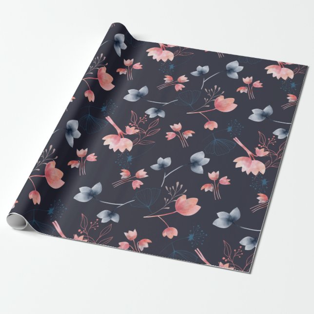 Papier Cadeau Papier d'emballage à feuilles florales bleu foncé  (Déroulé)