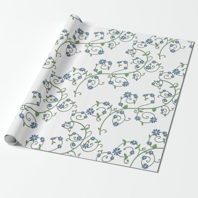 Papier Cadeau Papier d'emballage à vigne florale bleue (Déroulé)