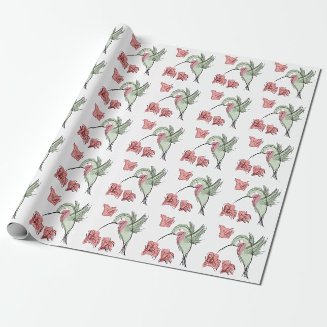 Papier Cadeau Papier d'emballage (blanc) fantaisie de colibri (Déroulé)