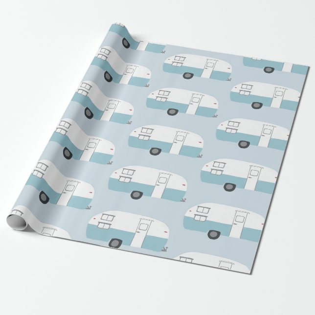 Papier Cadeau Papier d'emballage bleu Retro Camper Trailer (Déroulé)