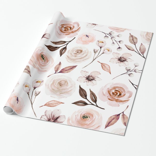 Papier Cadeau Papier d'emballage cadeau Floral Boho Tons Terreux (Déroulé)