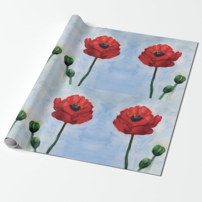 Papier Cadeau Papier d'emballage d'aquarelle de pavots, 30 dans (Déroulé)