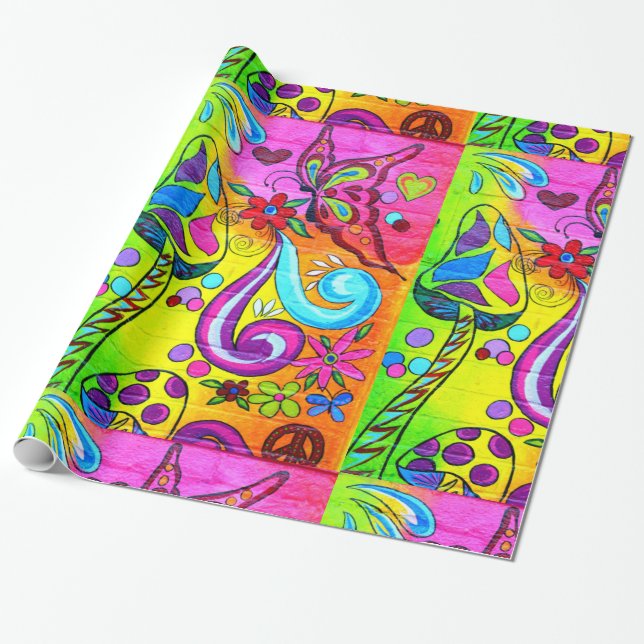 Papier Cadeau papier d'emballage de champignon magique hippie (Déroulé)