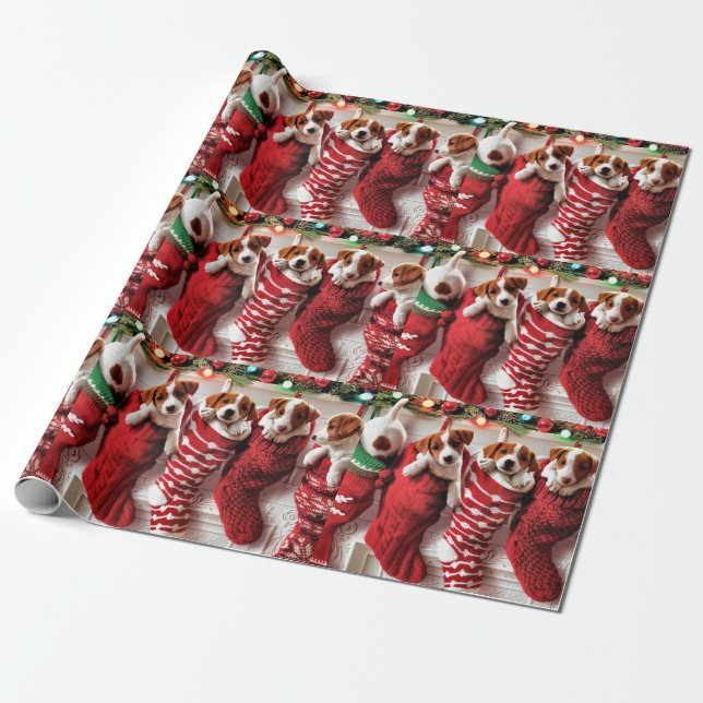 Papier Cadeau Papier d'emballage de chaussette de Noël de chiot (Déroulé)