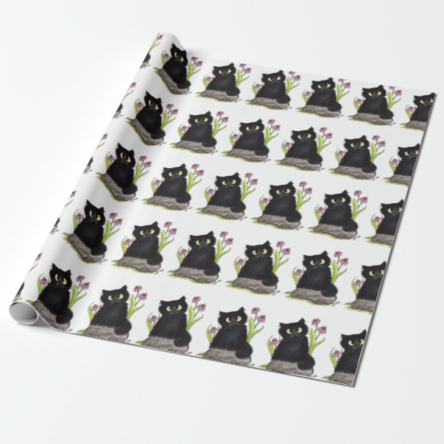 Papier Cadeau Papier d'emballage de fleurs pourpres de chat noir (Déroulé)