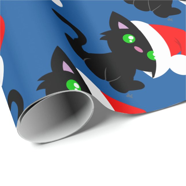 Papier Cadeau Papier d'emballage de Kitty de Noël noir (Coin rond)