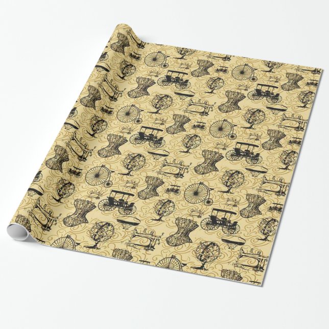 Papier Cadeau Papier d'emballage de motif jaune de Steampunk (Déroulé)