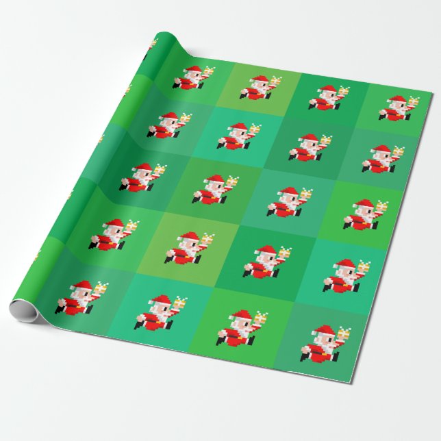 Papier Cadeau papier d'emballage de Noël à 8 bits du père noël (Déroulé)