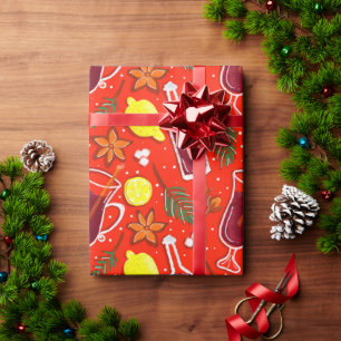 Papier Cadeau Papier d'emballage de Noël avec du vin chaud