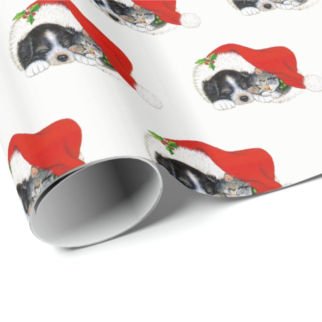 Papier Cadeau Papier d'emballage de Noël de chiot et de chaton (Coin rond)