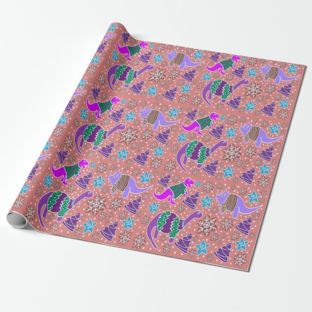 Papier Cadeau Papier d'emballage de Noël Dinosaur violet (Déroulé)