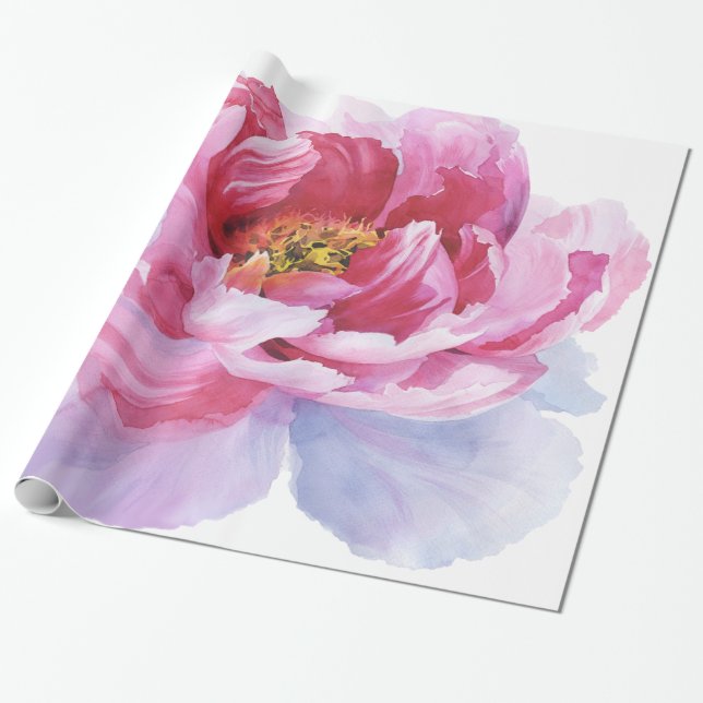 Papier Cadeau Papier d'emballage de pivoine rose d'aquarelle (Déroulé)