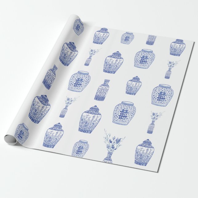 Papier Cadeau Papier d'emballage de pot bleu et blanc de (Déroulé)