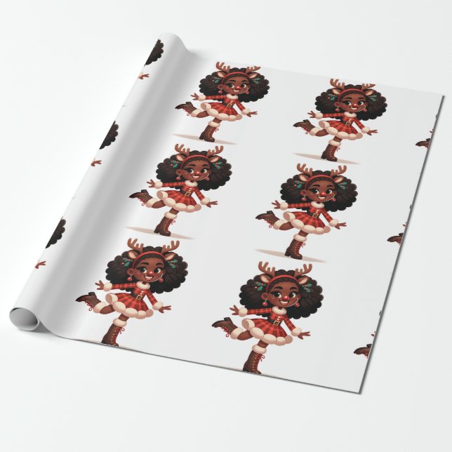 Papier Cadeau Papier d'emballage de rennes de fille noire (Déroulé)