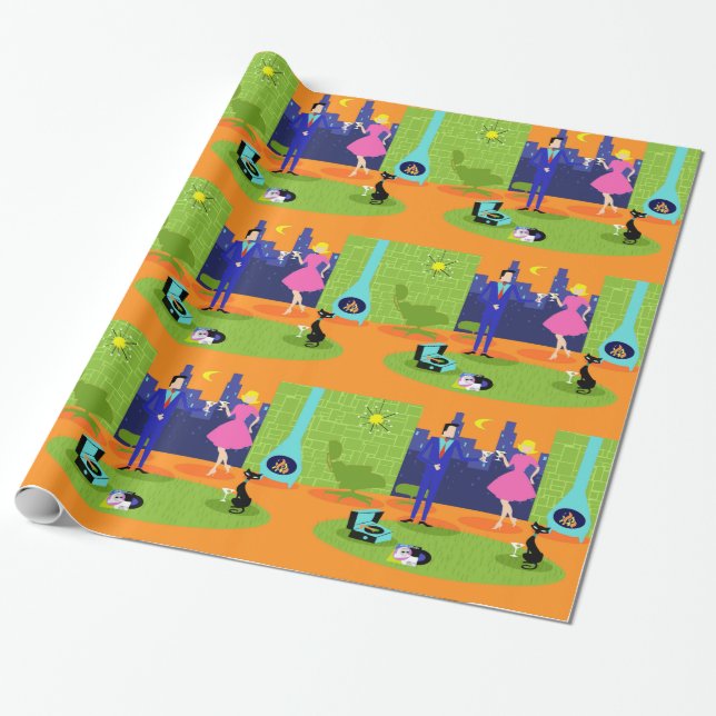 Papier Cadeau Papier d'emballage de rétros couples romantiques (Déroulé)