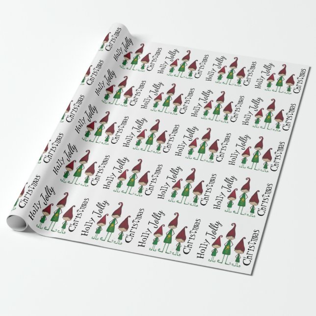 Papier Cadeau Papier d'emballage d'elfes gais de houx (Déroulé)