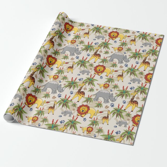 Papier Cadeau Papier d'emballage d'enfants d'animaux de safari (Déroulé)