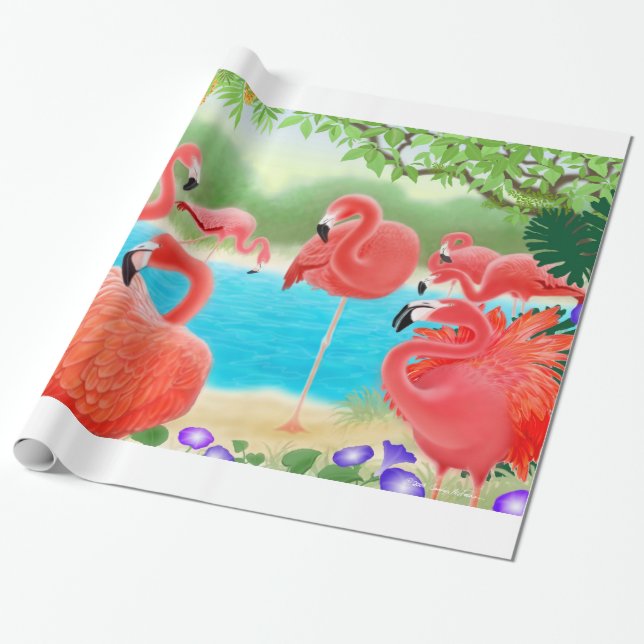 Papier Cadeau Papier d'emballage d'oiseaux roses tropicaux de (Déroulé)