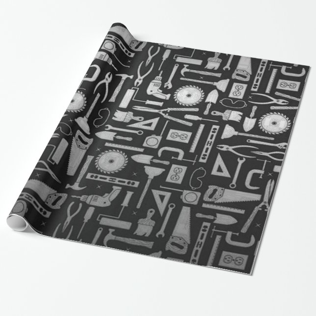 Papier Cadeau Papier d'emballage d'outils noirs et argentés (Déroulé)