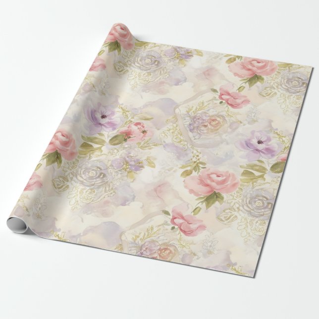Papier Cadeau Papier d'emballage floral à l'aquarelle romantique (Déroulé)