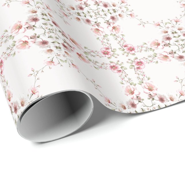 Papier Cadeau Papier d'emballage floral blanc rose élégant (Coin rond)