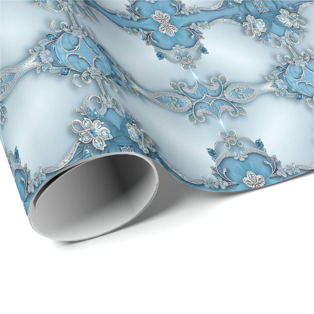 Papier Cadeau Papier d'emballage floral orné bleu (Coin rond)