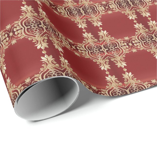 Papier Cadeau Papier d'emballage floral rouge or moderne (Coin rond)