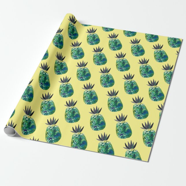 Papier Cadeau Papier d'emballage jaune à ananas tropical (Déroulé)